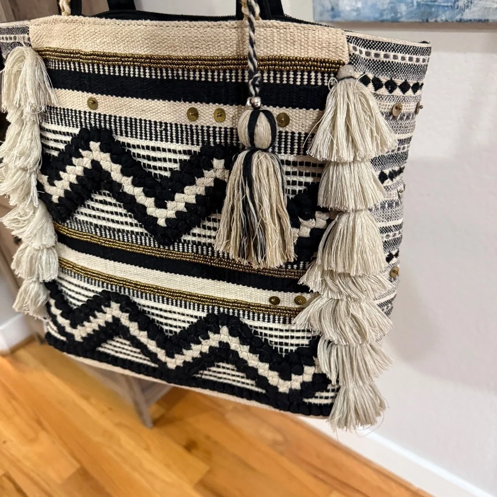 Steve Madden black and white and gold Raine boho Tote woven tassel sequin